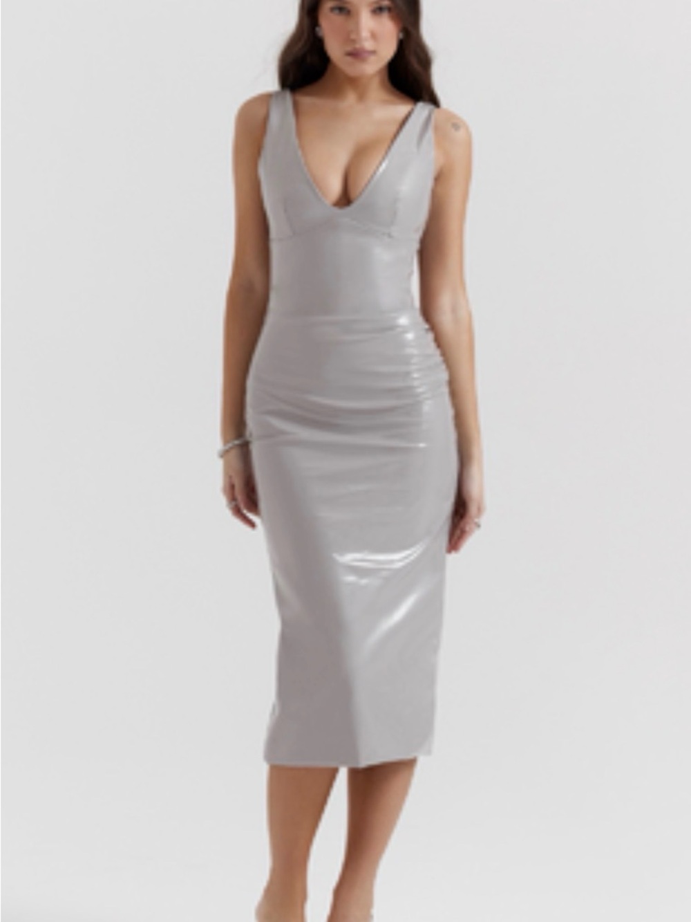 House of CB Silver V-Neck Bodycon Midi Dress